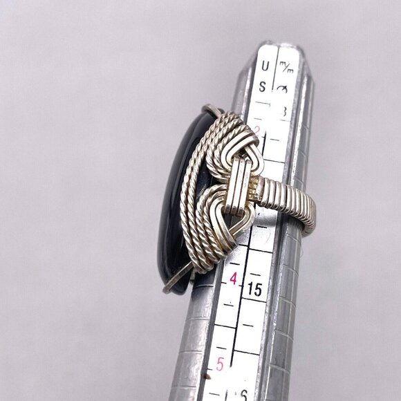 925 Sterling Silver Black Stone Cabochon Wire Wrapped Ring Size 5 - Picture 7 of 8